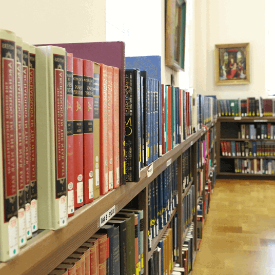 Shelves with stacks of books at Marin campus library.